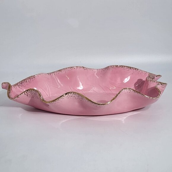 Large Pink Ceramic Ruffled Edge Leaf-Shaped Bowl with Gold Accents Marked 101 K - Picture 2 of 10